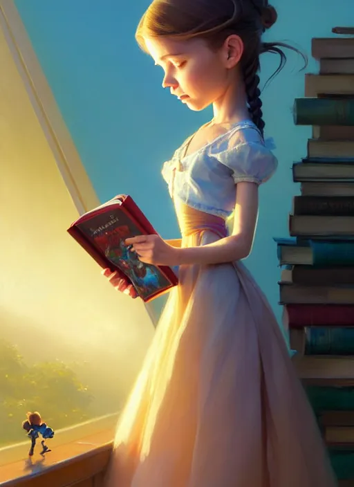 Image similar to highly detailed portrait of beautiful girl reading a book in toy story 3, dynamic pose, stephen bliss, unreal engine, fantasy art by greg rutkowski, loish, rhads, ferdinand knab, makoto shinkai and lois van baarle, ilya kuvshinov, rossdraws, tom bagshaw, global illumination, radiant light, detailed and intricate environment