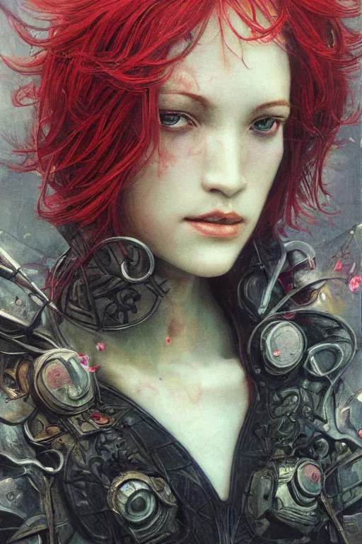 Image similar to portrait of beautiful young mainem, warhammer, japan style, cyberpunk armor, a lot of scars, more and more flowers, red head, the middle ages, highly detailed, artstation, illustration, art by jean delville, 8 k quality