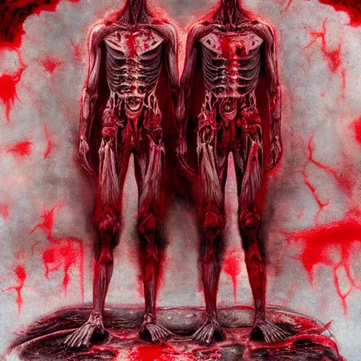 Prompt: Ryan Gosling twins emerging from corpses in a red hellscape covered in blood by Yoshitaka Amano, by HR Giger, full body wide shot, biomechanical, 4k, hyper detailed, hyperrealism, anime, red sky, blood and body parts, deviantart, artstation