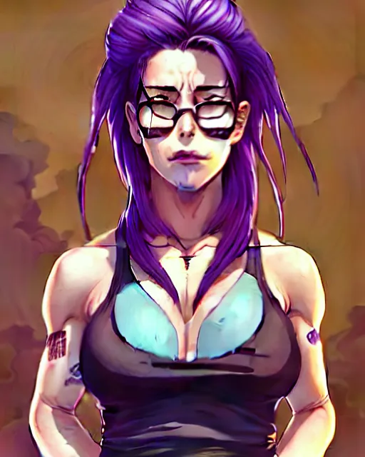 Image similar to a portrait of revy from black lagoon, dilraba dilmurarevy, smirk, black tank top, jean shorts, brown eyes, purple hair, tribal tattoos right arm sleeve, symmetrical eyes, symmetrical face, art by lois van baarle and loish and ross tran and rossdraws and sam yang and artgerm