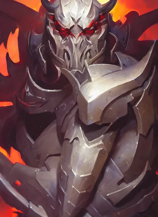 Image similar to Greg Manchess portrait painting of a demonic, devil armored character from league of legends, full shot, asymmetrical, splashscreen, Organic Painting, sunny day, Matte Painting, bold shapes, hard edges, cybernetic, street art, trending on artstation, by Huang Guangjian and Gil Elvgren and Sachin Teng