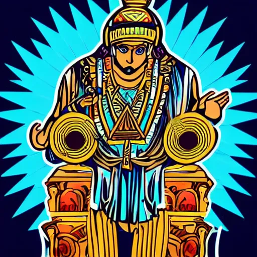 Image similar to svg vector sticker of absolutely divine-deity-God, rocking out, wearing headphones, huge speakers, dancing, rave, DJ, spinning records, digital art, amazing composition, rule-of-thirds, award-winning, trending on artstation, featured on deviantart