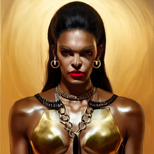 Image similar to detailed oil portrait of tall muscular shining bronze - skinned warrior woman with silver eyes, with long wavy flowing black hair and big gold earrings, jewelry, red lipstick, makeup, feminine, volumetric lighting, dynamic composition, art by sachin teng and sergey kolesov and ruan jia and heng z, scifi, concept art