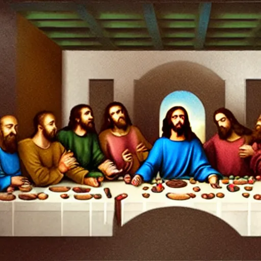 Image similar to a photograph of jesus and his disciples having the last supper at dave and busters restaurant