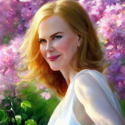 Image similar to closeup portrait of nicole kidman in the garden, morning, highly detailed, ultrarealistic oil painting, vladimir volegov, artstation