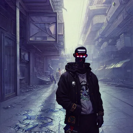 Prompt: A portrait of a cyberpunk thug on the street of a Soviet city on the moon, Norilsk, sci-fi, fantasy, intricate, very very beautiful, elegant, highly detailed, digital painting, artstation, concept art, smooth, sharp focus, illustration, art by artgerm and greg rutkowski and alphonse mucha