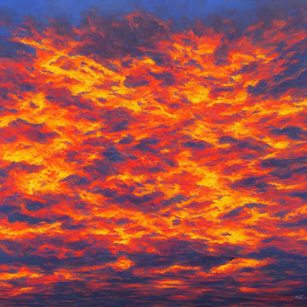 Prompt: sky on fire, highly detailed oil on canvas, by Arkhip Kuinji