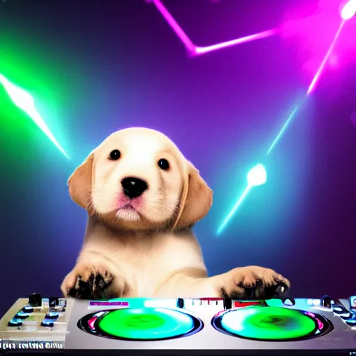 Image similar to puppy as a DJ, 8k, volumetric lighting, hyper realistic