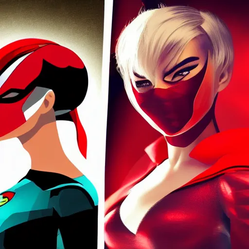 Image similar to a beautiful superhero girl with short white hair and a bright red mask in the style of dc comics