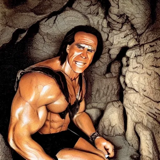 Image similar to a caveman drawing a picture of arnold schwarzengger in a cave, encarving, realistic photograph, very detailed.