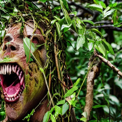 Image similar to jungle photograph of a creature with many vine limbs and a blooming flower head with teeth