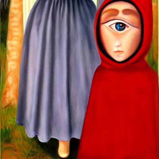 Image similar to margaret keane oil on canvas, little red riding hood, full body portrait