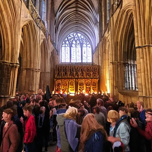 Prompt: 9 0 s rave inside exeter cathedral. flash photography