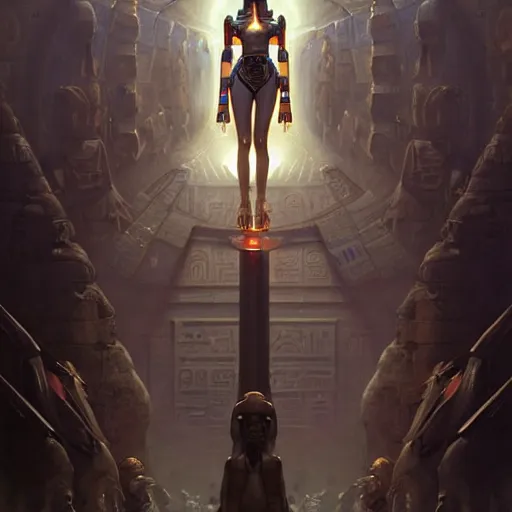 Image similar to a cybernetic version of the egyptian pantheon, highly detailed, digital painting, trending on artstation, extreme long shot, matte, sharp focus, illustration, art by artgerm, greg rutkowski, magali villeneuve, and adolphe bouguereau,