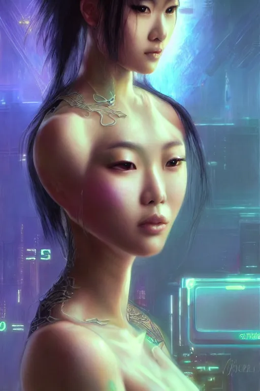 Prompt: stunning highly detailed portrait of a beautiful asian female cyberpunk, soft lighting, pastel neon colors, oil on canvas, strong lighting, by Greg Staples, HD, 4K