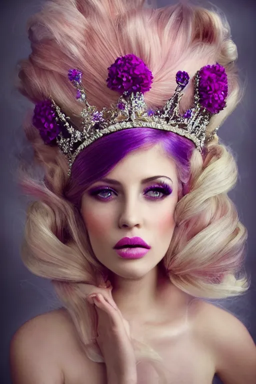 Prompt: lovely regal queen, portrait, updo of blonde and pink ombre hair, crown, flowerpunk, crystal coated violet flowers, by Natalie Shau