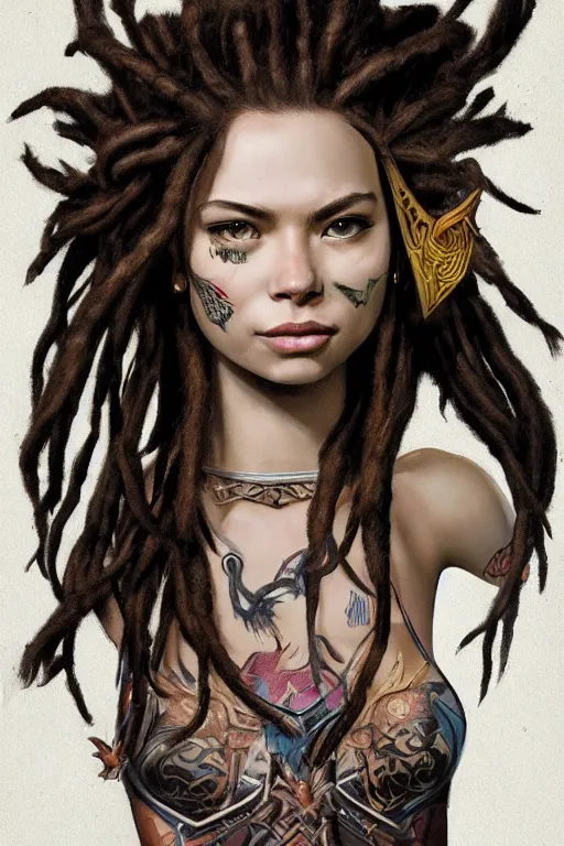 Image similar to fantasy comic book style portrait of a gorgeous teen model with dreadlocks who looks like miranda cosgrove and has a samurai tattoo, hyper realistic, illustration, trending on artstation, HD, 4k, 8k, intricate detailed anatomy, character design, by james gurney and tom bagshaw