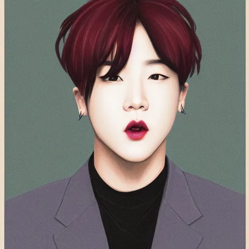 Prompt: portrait of Park Jimin, photographed, Jimin\'s face, Jimin\'s hunter eyes, Jimin\'s plump lips, voluptuous pout & sumptuous lips, Jimin\'s eyebrows follow the shape of the eyes, the shape of Jimin\'s eyes has lower corners, attention is focused on the raised part of Jimin\'s eyes, horizontally wide eyes, sweeping curvy eyelids, neutral canthal tilt, Jimin\'s lip upper thickness is almost identical to the lower but slightly smaller, the adjoining part of the upper lip to the lower lip is figuratively similar to the chicks beak, Jimin\'s Grecian nose, the base of Jimin\'s nose is thin, the nostril hoods of the nose are wide enough, oval face in reversed egg shape, wide cheek bones, jaw narrower than cheekbones, the attention is first drawn to the upper part of the face such as eyes and forehead then guided down to his chin and luscious lips, Jimin has a small chin, jimin has small lips, jimin has thin eyebrows, jimin has sharp jawline, jimin has small nostril hoods, studio lighting, Jimin\'s right eyelid has a scar which causes his right eye to swell but not noticeable, super high quality photograph