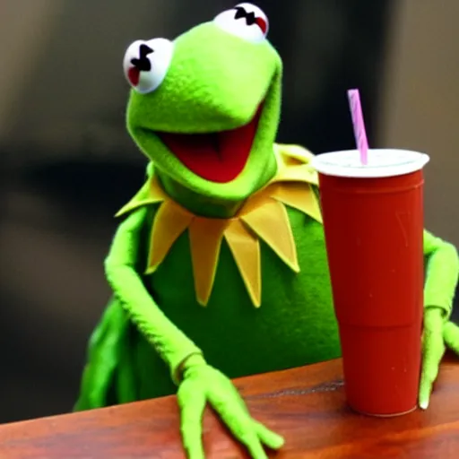 Prompt: kermit the frog drinking a soda