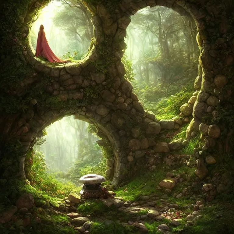 Image similar to Fantasy Magical fairy-tale stone portal in the forest. Round stone portal teleport in trees to other worlds. Fantastic landscape. Magic Altar in the fores, highly detailed, digital painting, artstation, concept art, smooth, sharp focus, illustration, art by artgerm and greg rutkowski and alphonse mucha