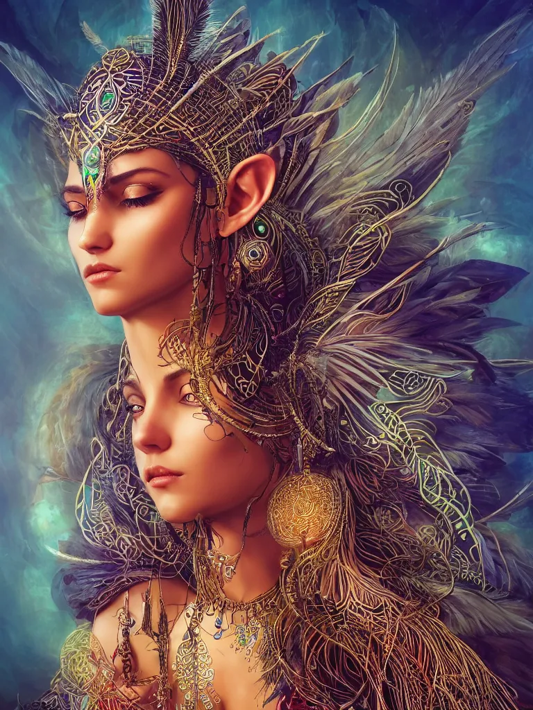 Image similar to a centered photo of a single alluring mystical tribal goddess adorned with feathers and gemstones and cables and synthesizer parts is surrounded by sacred geometry made from elven architecture, full body, gorgeous, perfect face, powerful, cinematic, beautifully lit, by artgerm, by karol bak, 3 d, trending on artstation, octane render, 8 k