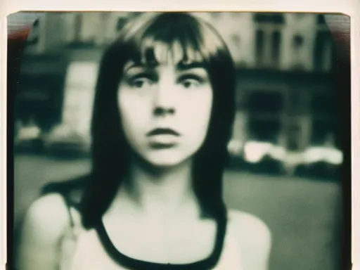 Image similar to beatnik girl holding a Polaroid camera, film still by Jean-Luc Godard, nouvelle vague, color film