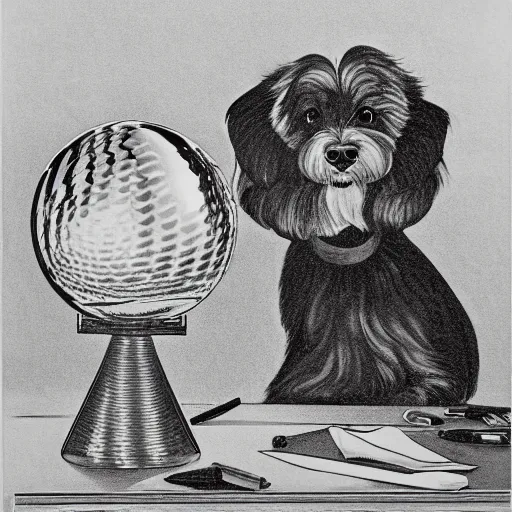 Image similar to self portrait of a havanese dog reflecting into a chrome sphere, 1 9 5 0 s desk and office in the background, pen on paper, by mc escher