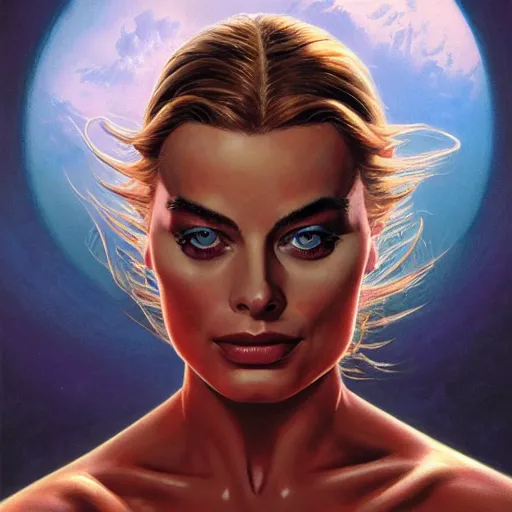 Prompt: cinematic bust portrait of beautiful Margot Robbie from left, head and chest only, exotic alien features, robotic enhancements, desaturated, Tim Hildebrandt, Wayne Barlowe, Bruce Pennington, donato giancola, larry elmore, oil on canvas, masterpiece, trending on artstation, featured on pixiv, cinematic composition, dramatic pose, beautiful lighting, sharp, details, hyper-detailed, HD, HDR, 4K, 8K