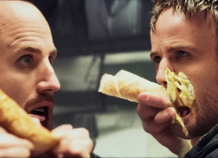 Prompt: photo of jesse pinkman from breaking bad eating a baguette, movie frame, cinematic composition, ultra detailed, sharp, breaking bad