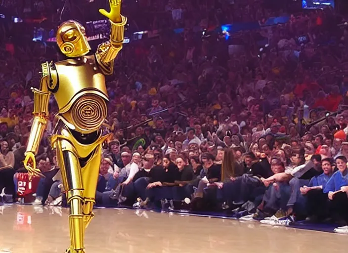 Image similar to ESPN still of C-3PO playing in the nba playoffs live on espn, 4k