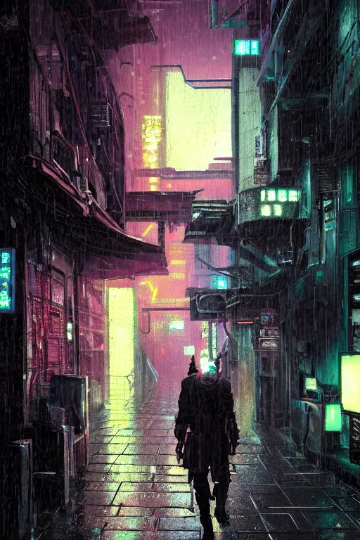 Image similar to a cyberpunk samurai in a raining cobblestone alleyway in tokyo, neon lights, full moon, fog cinematic greg rutkowski