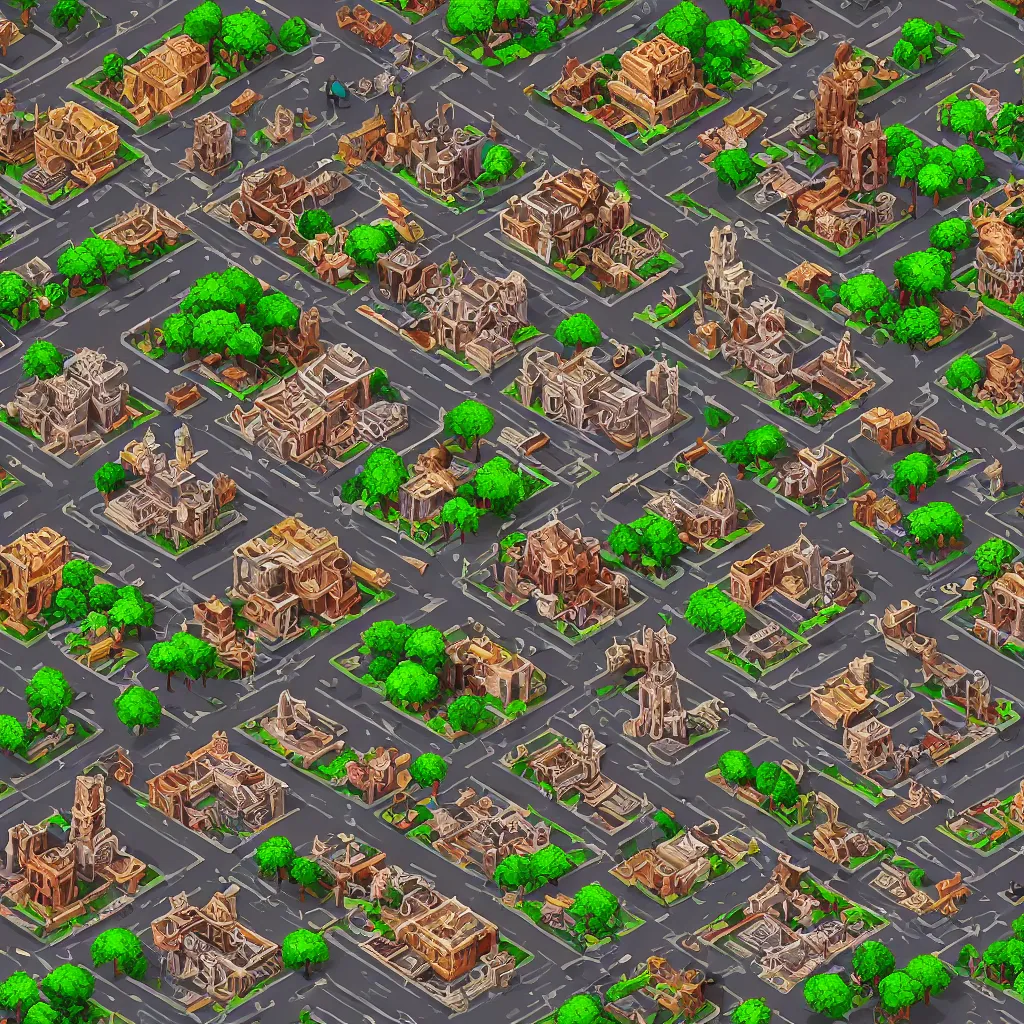 Image similar to isometric view of ancient city by madmaraca, textured, detailed, beautiful, indie game, 8 k wallpaper