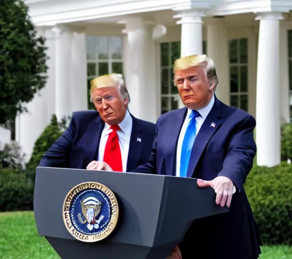 Image similar to donald trump without makeup at press conference white house lawn, AP news photo, XF IQ4, 150MP, 50mm, F1.4, ISO 200, 1/160s, natural light