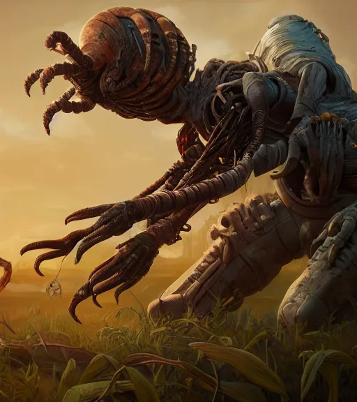 Prompt: an epic fantasy comic book style portrait painting of a facehugger attacking a cyborg, studio ghibli, unreal 5, daz, hyperrealistic, octane render, cosplay, rpg portrait, dynamic lighting, intricate detail, harvest fall vibrancy, cinematic