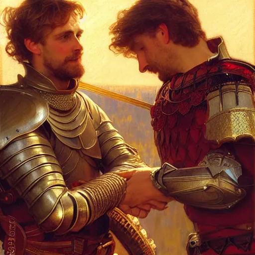 Image similar to attractive arthur pendragon and his attractive male knight, they are in love, natural lighting, path traced, highly detailed, high quality, digital painting, by gaston bussiere, craig mullins, alphonse mucha j. c. leyendecker