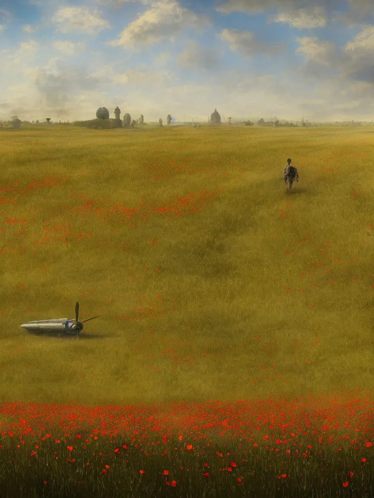 Prompt: immense wheat fields, a path, a small village, poppies, summer sky,, large dieselpunk flying airships, matte painting, by rozalski, artstation