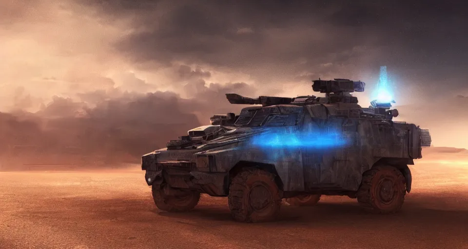 Prompt: an image of an armored vehicle in the night desert with blue headlights on by Paul Chadeisson, atmospherical, concept art, high detail, intimidating , cinematic, lightning , heavy storm , Artstation trending, octane render