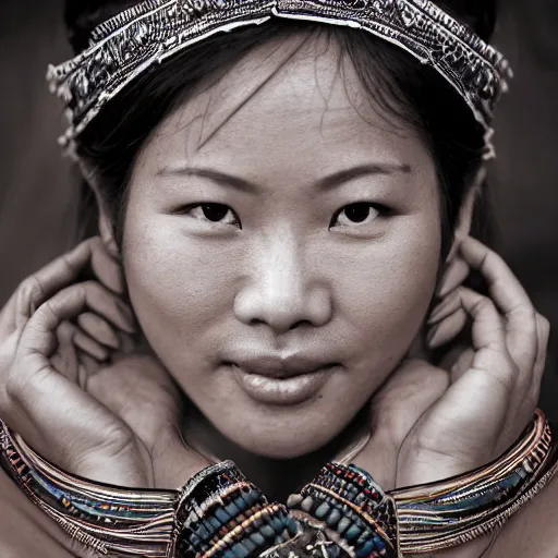 Image similar to vintage portrait of a stunningly beautiful asian tribal female smiling, depth of field, zeiss lens, detailed, symmetrical, centered, fashion photoshoot, by edward s curtis, Annie Leibovitz and Steve McCurry, David Lazar, Jimmy Nelsson, Breathtaking, 8k resolution, extremely detailed, beautiful, establishing shot, artistic, hyperrealistic, beautiful face, octane render