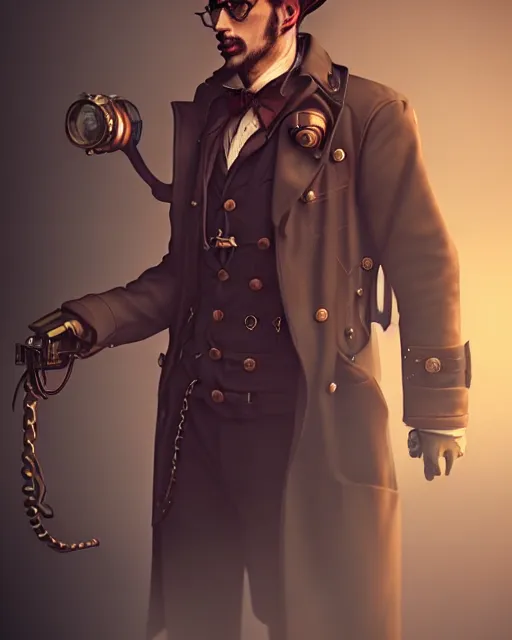 Image similar to steampunk male portrait, handsome, detective coat, steampunk monocle, complex 3 d render by ilya kuvshinov, peter mohrbacher, greg rutkowski, ryohei hase, dramatic lighting, intricate, highly detailed, sharp focus, luminous, unreal engine, blender, artstation, masterpiece, ray tracing