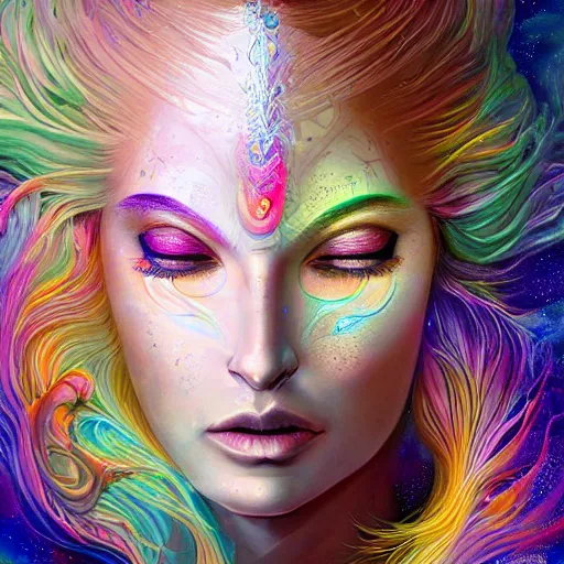 Prompt: a visionary art interdimensional ethereal portrait of kim petras with her eyes closed transcending through the multiverse from the eternal blessing of consciousness, by android jones, by ben ridgeway, by ross draws, by noah bradley, by maciej kuciara, visionary art, oil painting, by erial ali, featured artstation, cgsociety, greg rutkowski