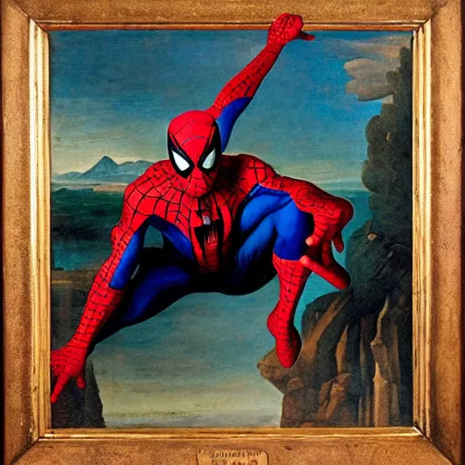 Prompt: Renaissance painting of spiderman doing cool tricks