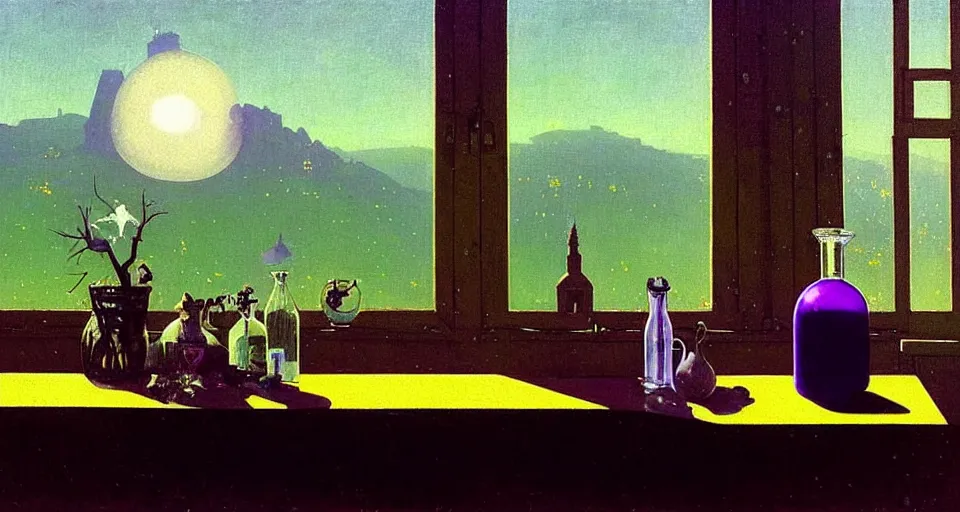 Image similar to one single purple potion in a round bottle with a glowing galactic landscape inside of it on a messy brown table, papers and books, sunlight from a window, soft lighting, atmospheric, bottle is the focus. rene magritte simon stalenhag carl spitzweg syd mead norman rockwell edward hopper james gilleard