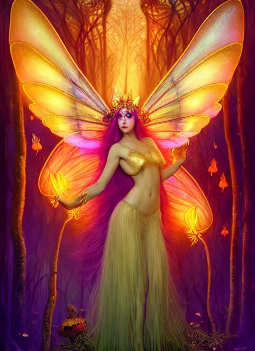 Prompt: stunningly beautiful female faerie priestess in amanita muscaria forest landscape, symmetrical wings on back, neon hair, fantasy art, wearing a dress of gossamer gold, inner glow, illustration, dramatic lighting, soft details, painting, art nouveau, octane render, 8 k, hd, by edmund blair leighton, brom, charlie bowater, faces by otto schmidt