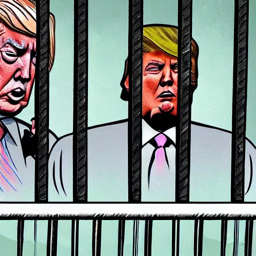 Prompt: Trump crying like a baby behind jail cell bars.