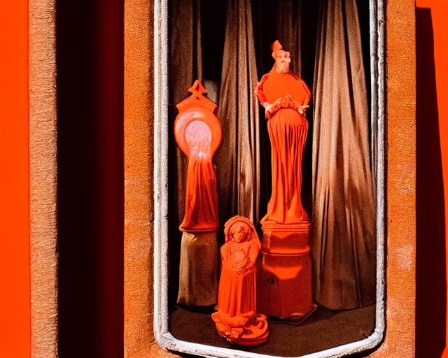 Image similar to by francis bacon, vivian maier, mystical redscale photography evocative. religious relics of the scarlet woman, displayed on an altar, luxury, opulence