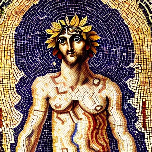 Prompt: ancient roman beautiful mosaic of dionysus with leaves and grape in his hair