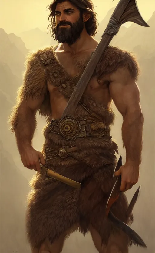 Image similar to full body portrait of a gruff ranger with a spear, wolf companion, muscular, handsome face, hairy body, D&D, fantasy, intricate, elegant, highly detailed, digital painting, artstation, concept art, matte, sharp focus, illustration, art by Artgerm and Greg Rutkowski and Alphonse Mucha