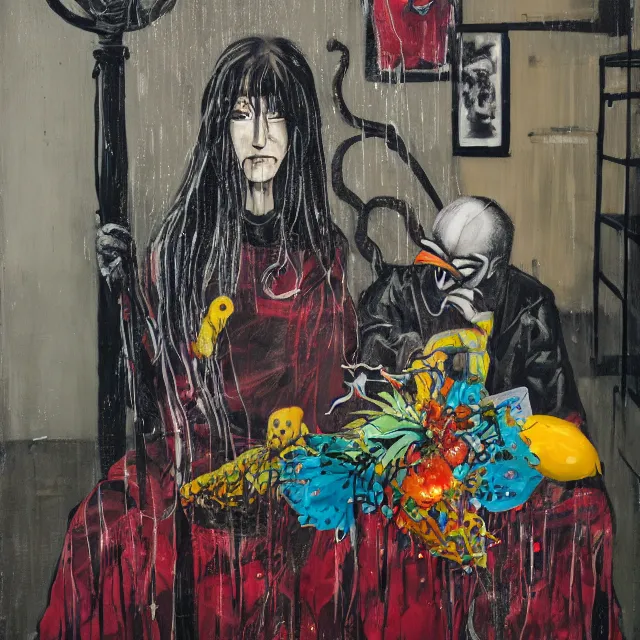 Image similar to a portrait in a dark apartment, rats, a widow holding an octopus, streetlamps, wet, puddles, wild berries, ikebana, neo - expressionism, surrealism, acrylic and spray paint and oilstick on canvas