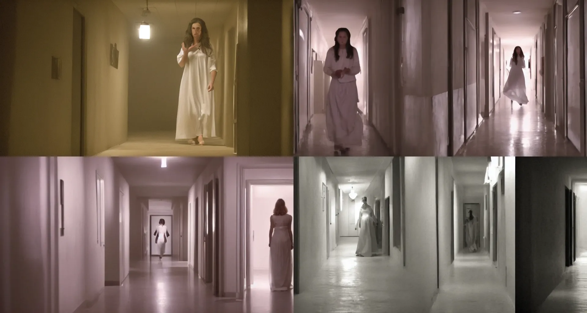 Prompt: Live Action Still of a woman in white is walking dark hallway at midnight, Front view, film still