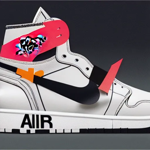Image similar to retro futuristic Nike Air Jordan 1 x Off-white sneakers by syd mead, matte painting, geometric shapes